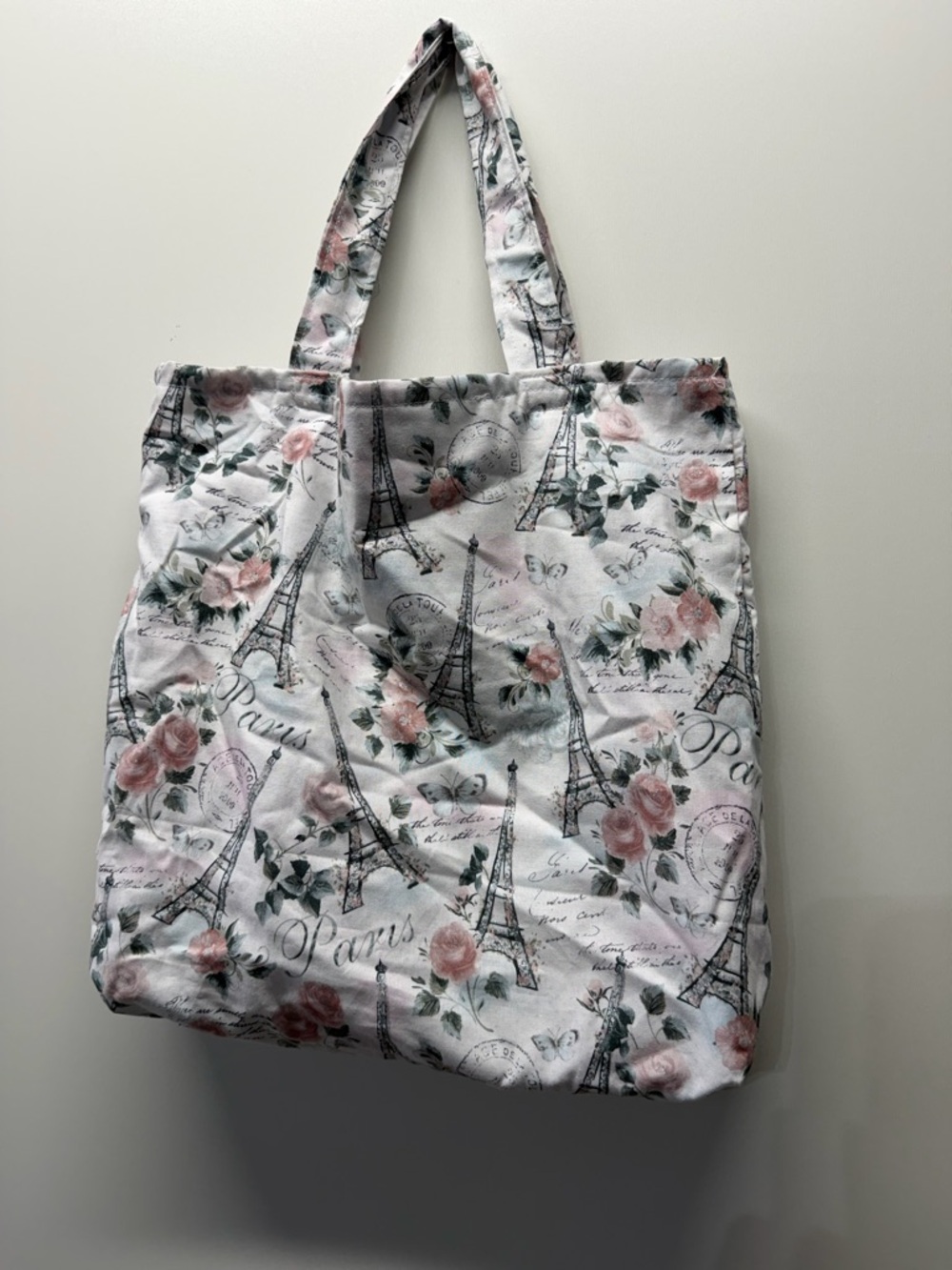 Paris Floral Printed Tote Bag in Pink and White